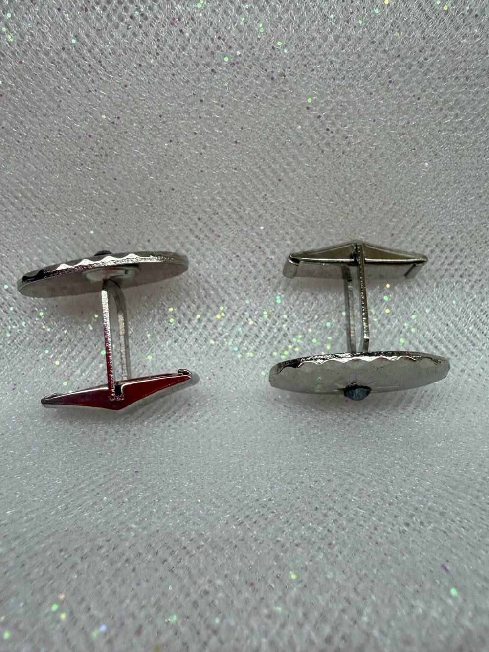 Silver-Tone Textured Oval Cuff links with Black Center Stone